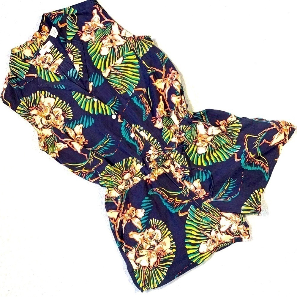 Levis Romper Womens Sz S Navy Tropical Hawaiian Print Drawstring Waist Gabby